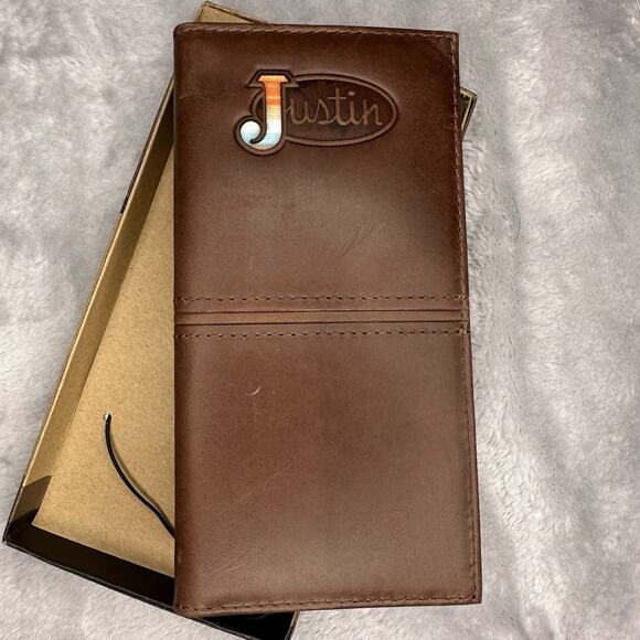 Justin Men's Rodeo Wallet Brown Genuine Leather RFID Logo Checkbook Western - Picture 2 of 8
